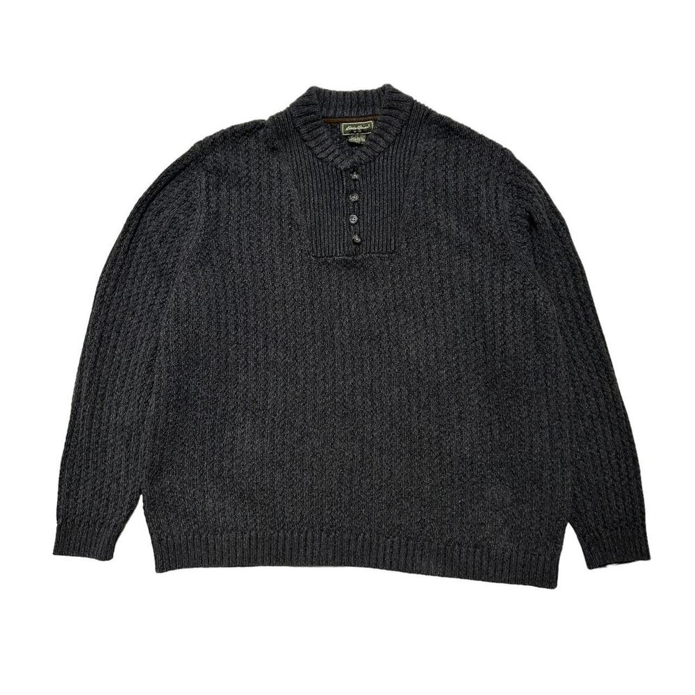 Eddie Bauer Vintage 90s Grey Cotton Chunky Knit Four Button Henley Sweater XL